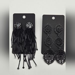 VINTAGE Fashion Earrings Black Metal & Sequen with Strands Of Beads